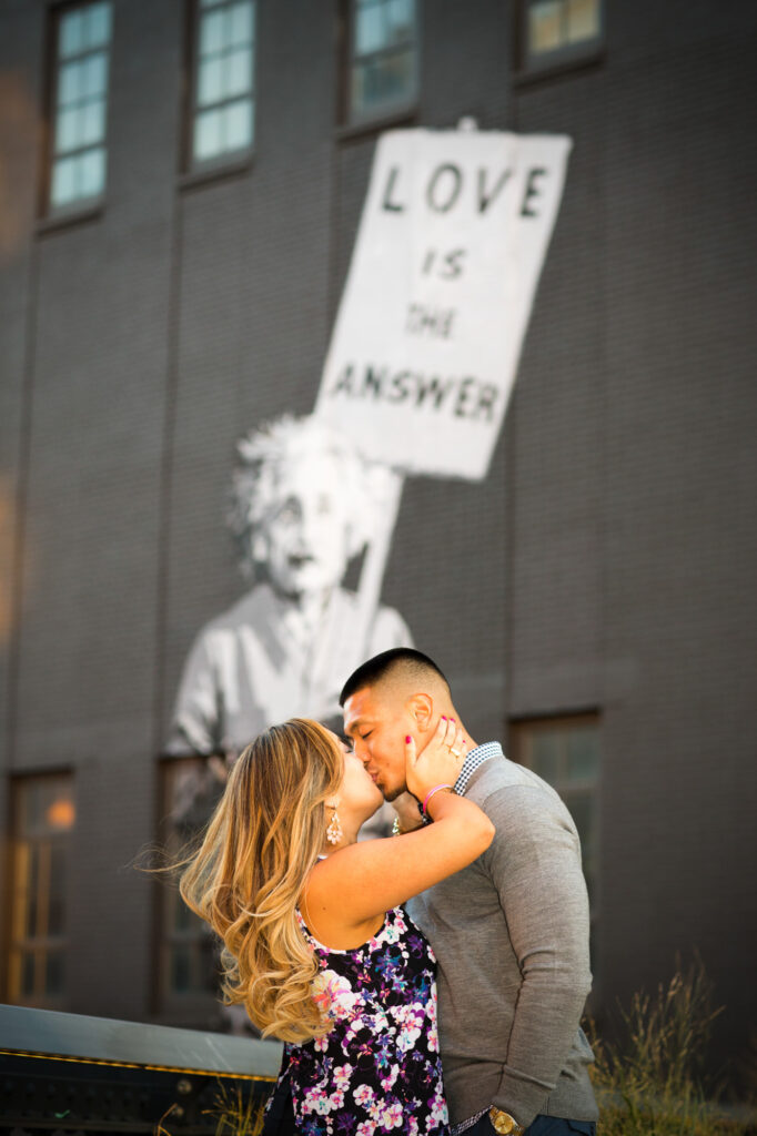 engaged couple kissing on the Highline in Manhattan